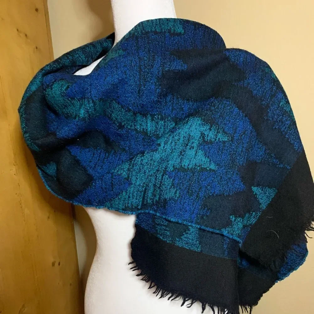 Auth Vtg Blue Green Black Abstract Yves Saint Laurent 70s Shawl Scarf. Pristine